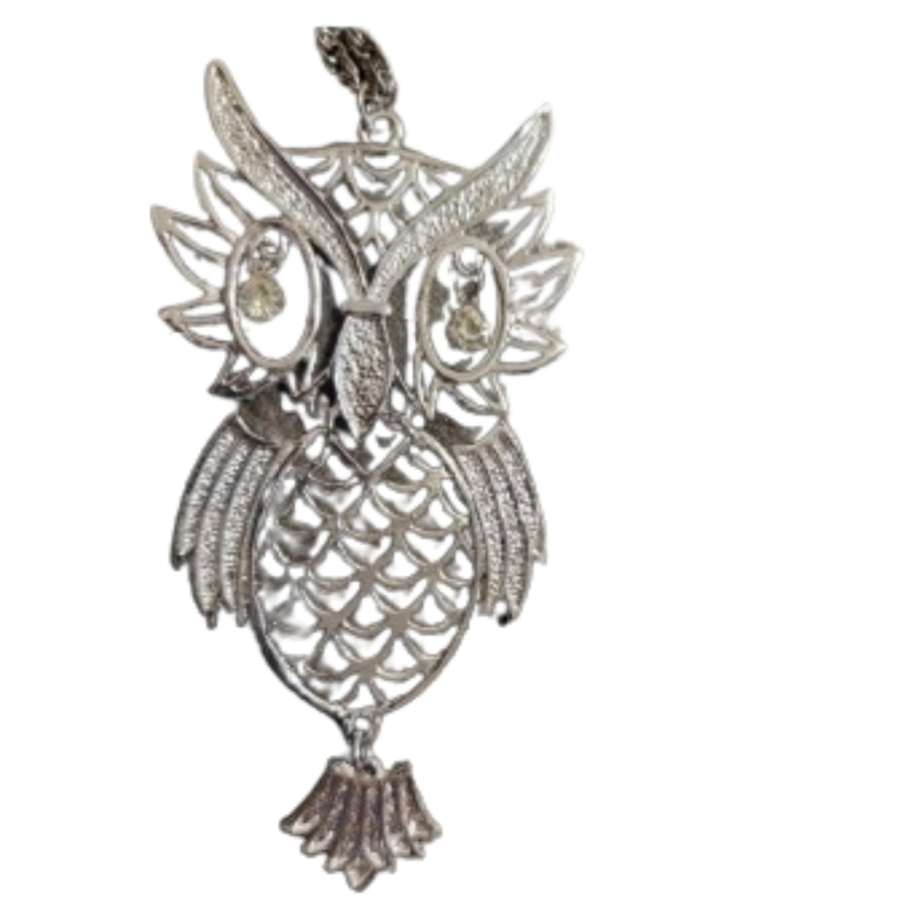 VINTAGE Articulated 4.5" Owl Pendant silver tone pendant + chain rhinestone eyes